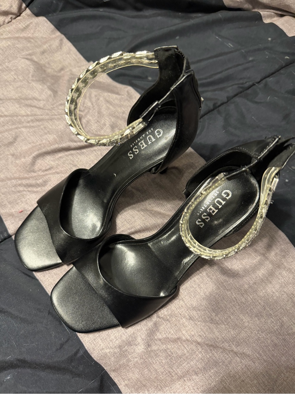 GUESS Black Heeled Sandals with Clear Crystal-Look Ankle Strap